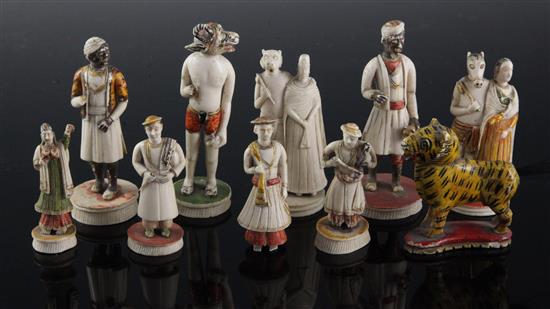 Ten 19th century Indian carved and painted ivory figures, largest 3.75in.